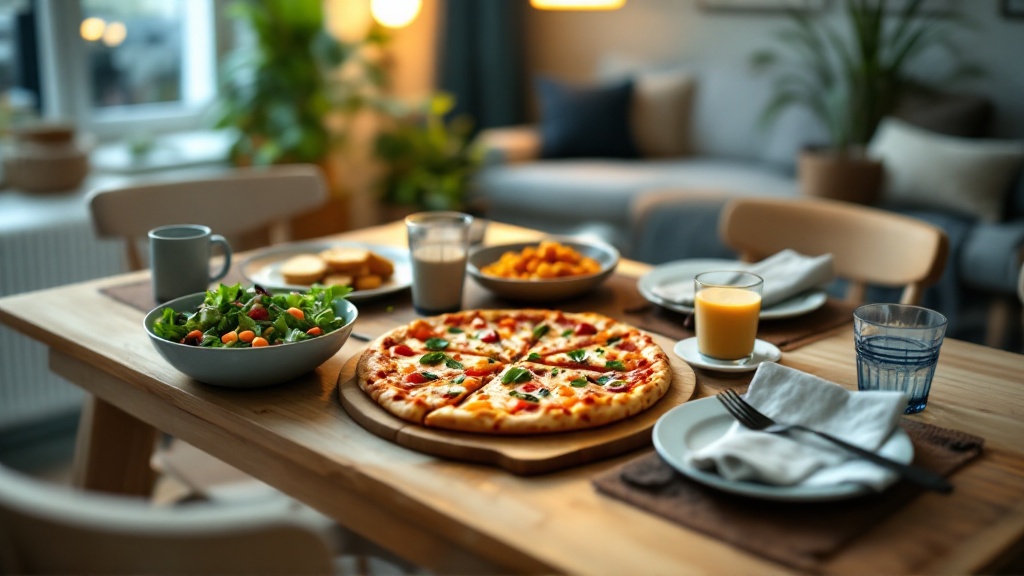 Wide view of a small dining table with one large pizza, a big salad, and a simple side, set for four in a cozy apartment dining area.