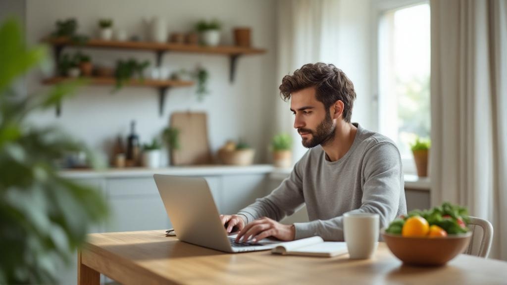 Adult at a kitchen table calmly reviewing a laptop budget with fresh produce and water nearby, symbolizing strategic affordable wellness choices.