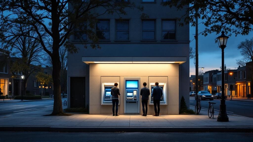 Wide evening view of people using outdoor ATMs beside a darkened bank branch on a calm city street at dusk.