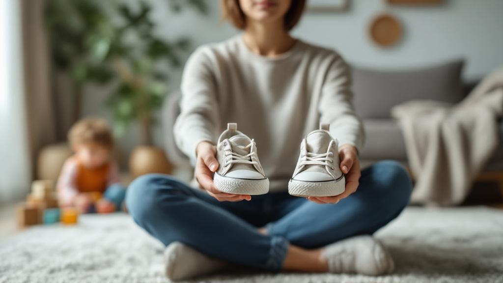 Parent on a living room rug comparing a heavily worn kids’ sneaker to a sturdier pair while a kid plays in the softly lit background.