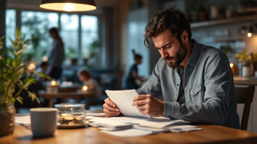 Busy parent at a kitchen table sorting bills with a small savings jar, while family life continues softly in the background.