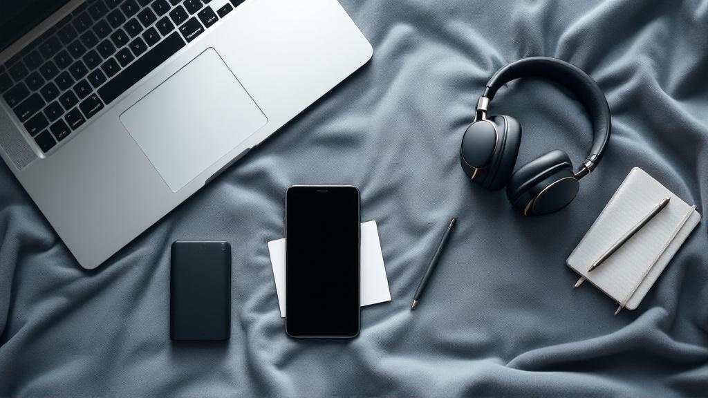 Overhead flat-lay of laptop, phone, headphones, power bank, and boarding card arranged on soft fabric, symbolizing choices about inflight Wi‑Fi and digital prep.