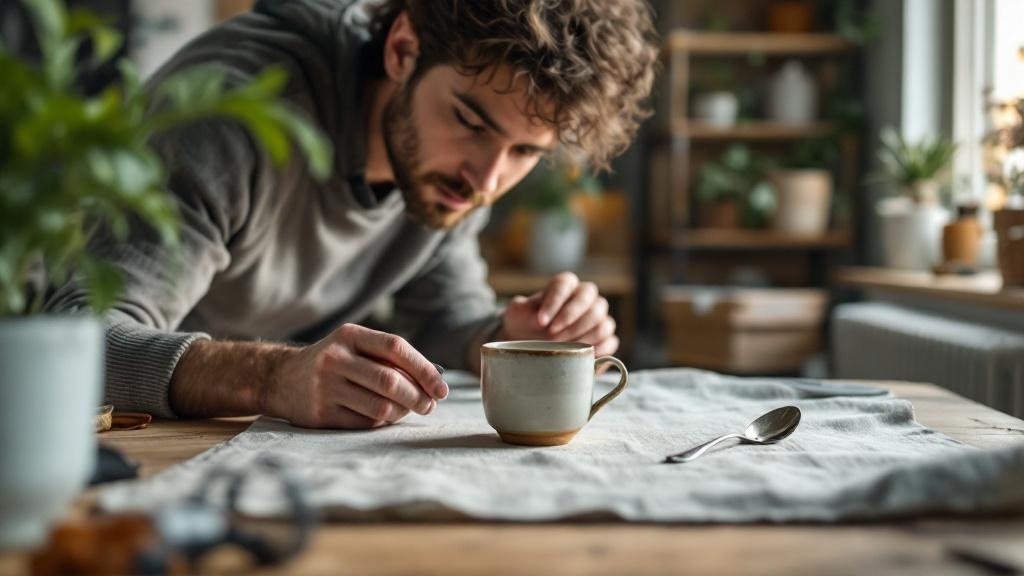 Low-angle view of a seller adjusting a ceramic mug and vintage spoon while photographing them on a styled tabletop for an online listing.