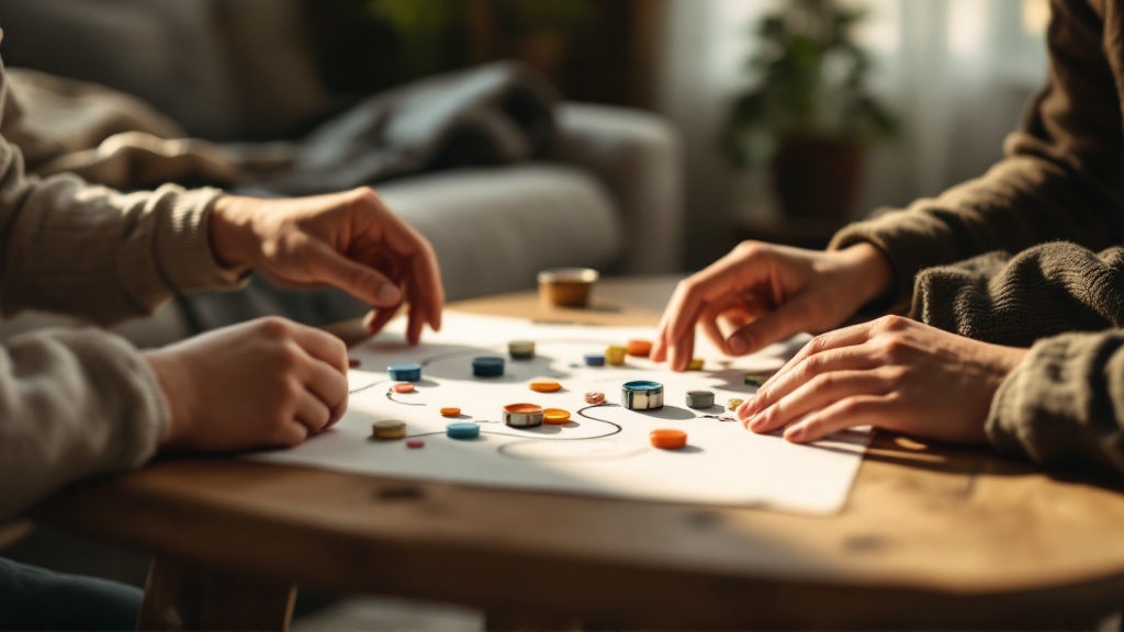 Close-up of a parent and kid’s hands playing a homemade board game with improvised pieces on a small living room table.