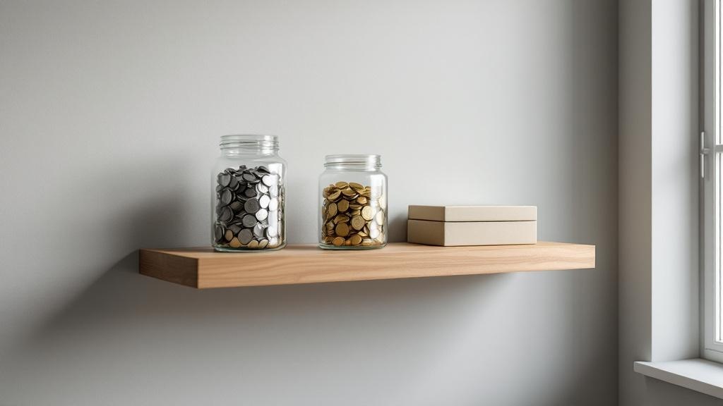 Wide view of a minimalist home office shelf holding jars of silver and gold coins and neutral folders, symbolizing different investment paths and volatility.