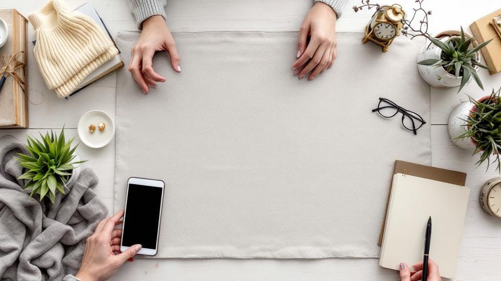 Overhead flat-lay of assorted handmade jewelry, textiles, and vintage decor on a wooden table with hands hovering as if choosing where to sell them online.