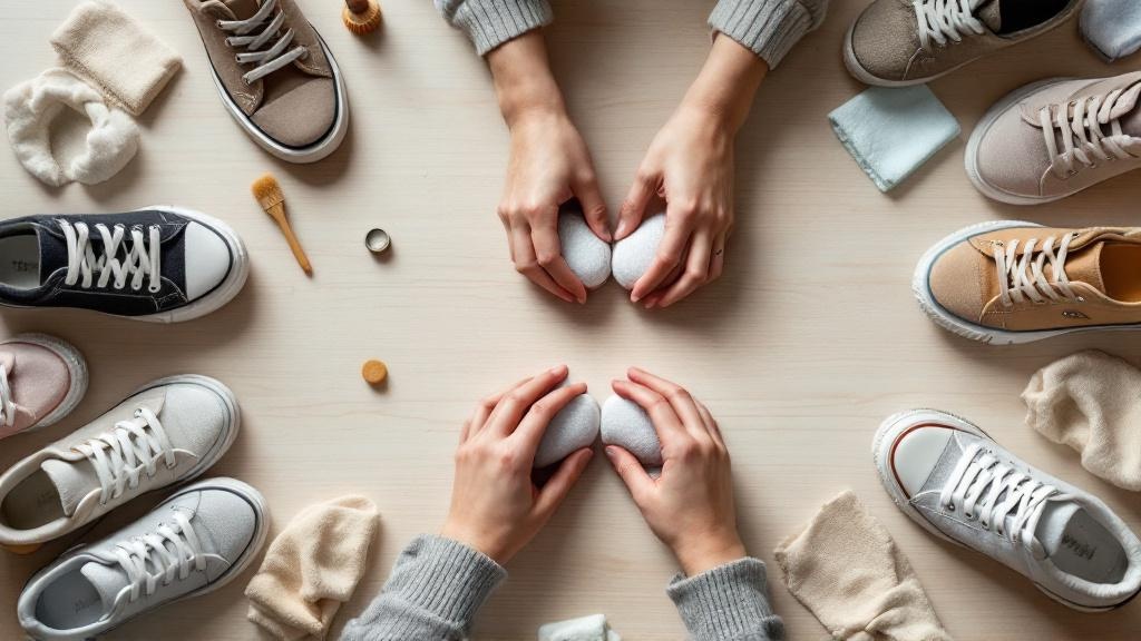 Overhead view of a parent’s hands flexing a kids’ sneaker on a wooden table surrounded by several sturdy-looking children’s shoes.