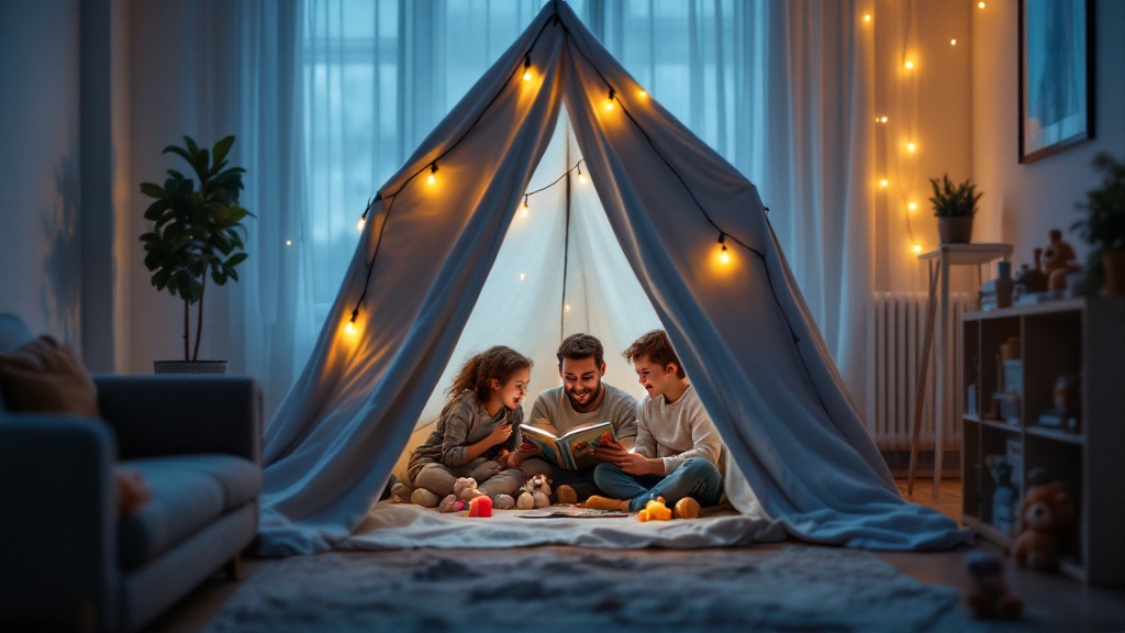Wide view of a small apartment living room with a blanket fort, where a parent and kids read together by warm string lights.