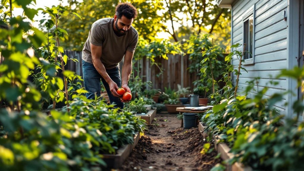 Wide view of a small backyard vegetable garden with tomatoes, greens, and beans growing beside a modest house and a person tending plants.