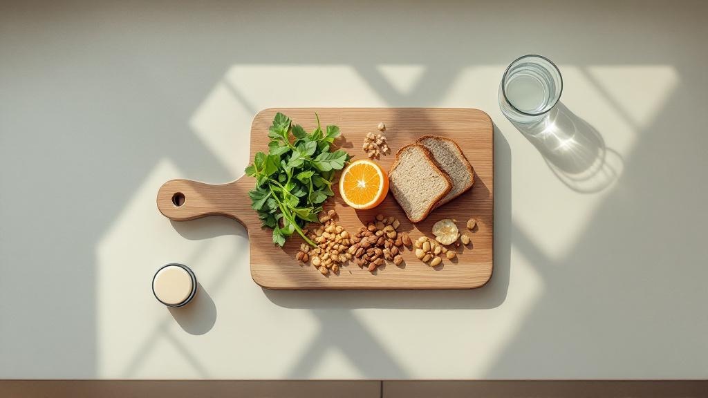 Overhead view of a minimalist kitchen counter with simple whole foods, a glass of water, and one neutral wellness jar, suggesting food-first budgeting.