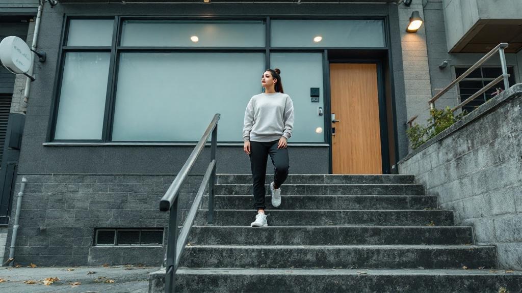 Low-angle photo of a person in athleisure standing at the base of outdoor stairs beside a modest gym, looking up thoughtfully toward the entrance.