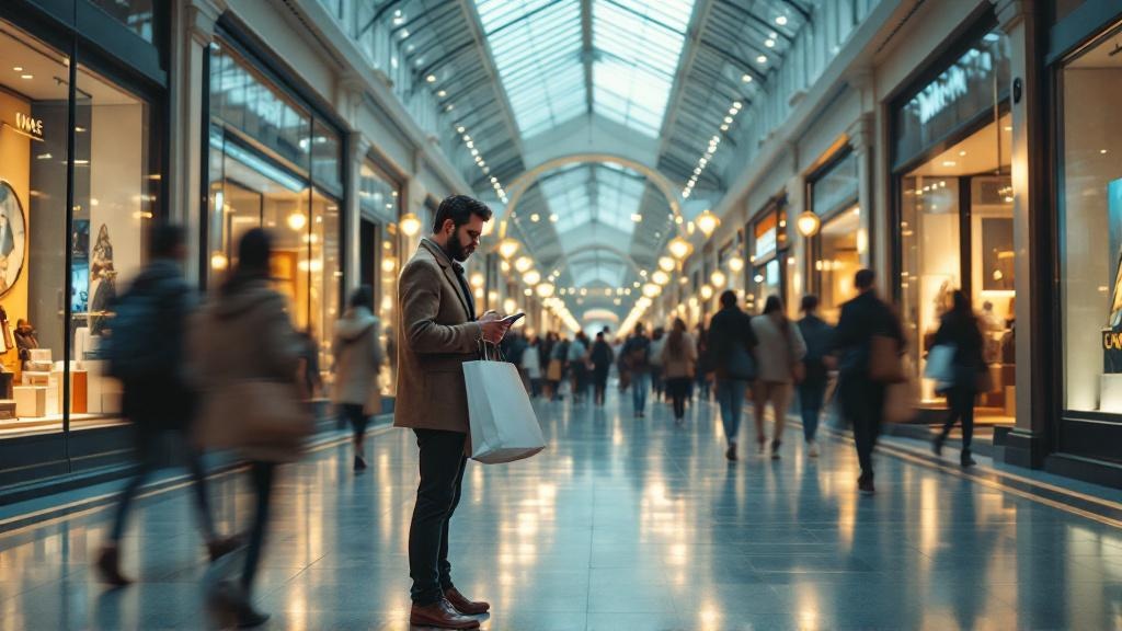 Wide view of a modern shopping mall where one shopper checks their phone with a few bags while blurred crowds and softly lit storefronts surround them.