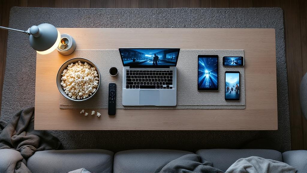 Overhead view of a laptop, popcorn bowl, remotes, and glowing devices on a wooden coffee table arranged for a neat, modern movie night, representing The Best Free Websites to Watch Movies Online experience.
