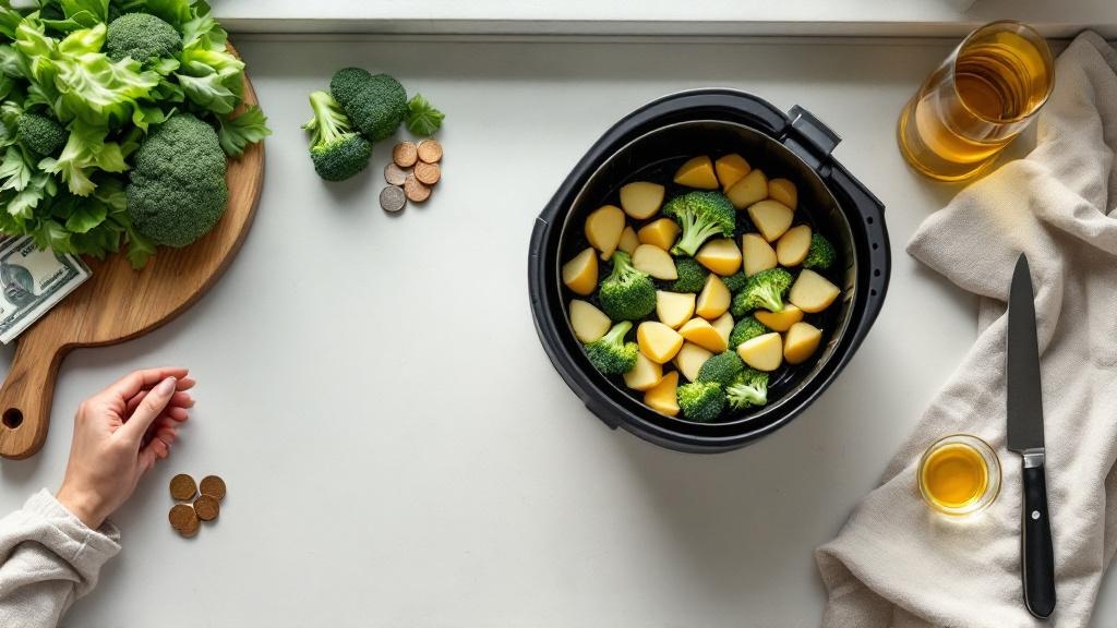 Overhead view of an air fryer basket with lightly oiled potatoes and broccoli beside a teaspoon of oil, coins, and a folded bill on a tidy counter.