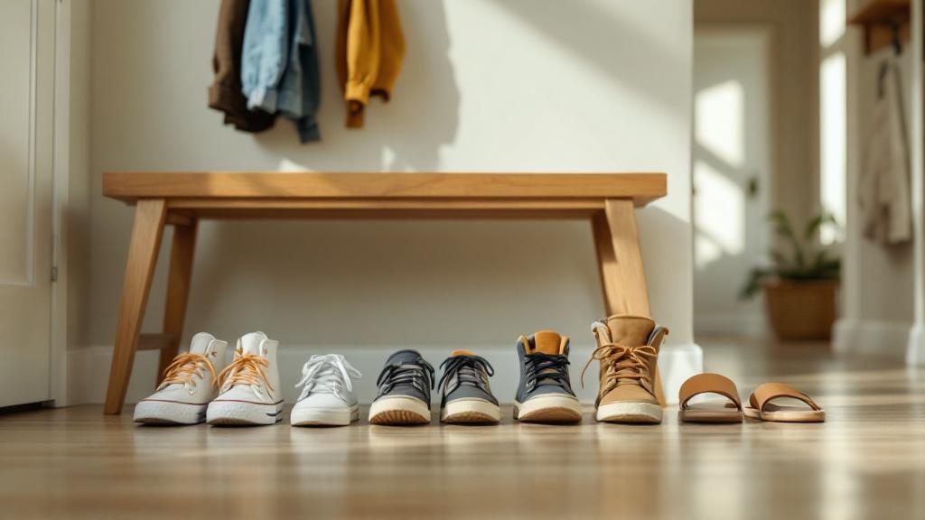 Wide shot of a tidy entryway bench with neatly lined-up kids’ shoes for school, sports, and weather, softly lit by natural light.