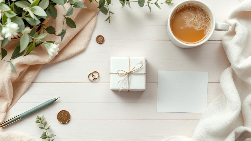 Overhead flat-lay of a small wrapped gift, card, coins, pen, and tea on a light wood table, evoking calm, intentional planning of a budget wedding gift.