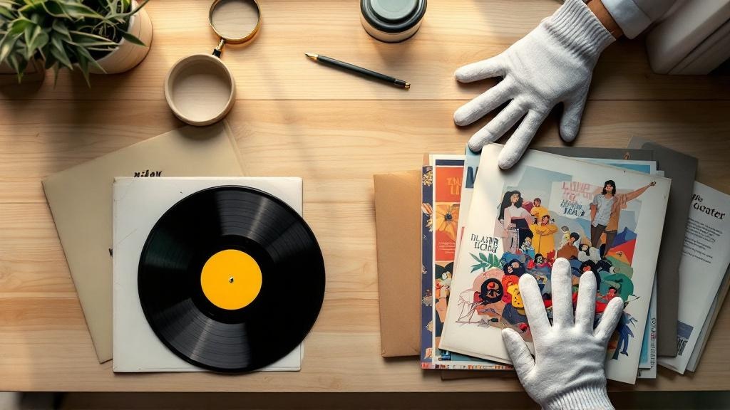 Overhead view of several vinyl records, sleeves, and inserts neatly arranged on a wooden surface, showing labels and condition details in sharp focus.