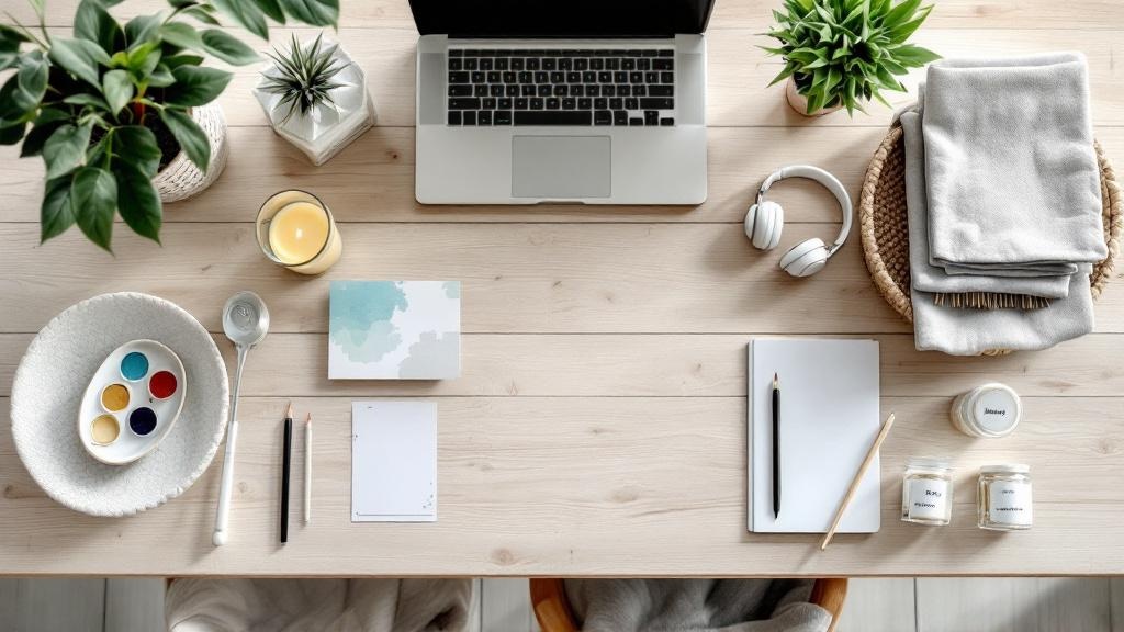 Overhead flat-lay of art supplies, organizing baskets, laptop, notebook, plant, and candle arranged on a wooden table in tidy clusters, representing Creative Projects to Beat Boredom and Boost Productivity at Home.