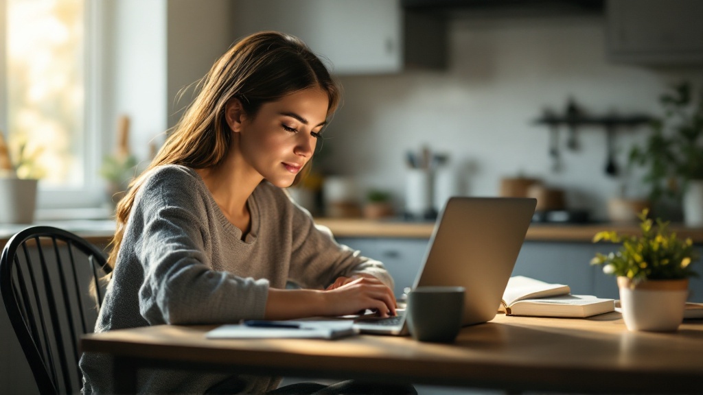 Adult sits at a bright kitchen table with a laptop, notebook, and coffee, thoughtfully starting a flexible work-from-home job search.