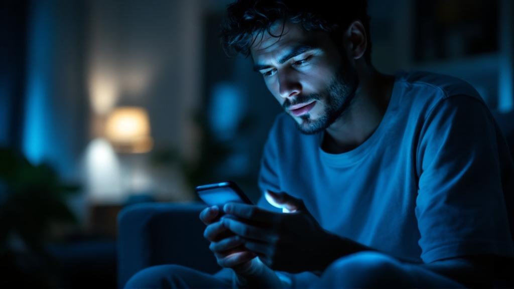Low-angle view of an adult hunched forward on a sofa at night, phone glowing in their hands while the room around them is dark and blurred.