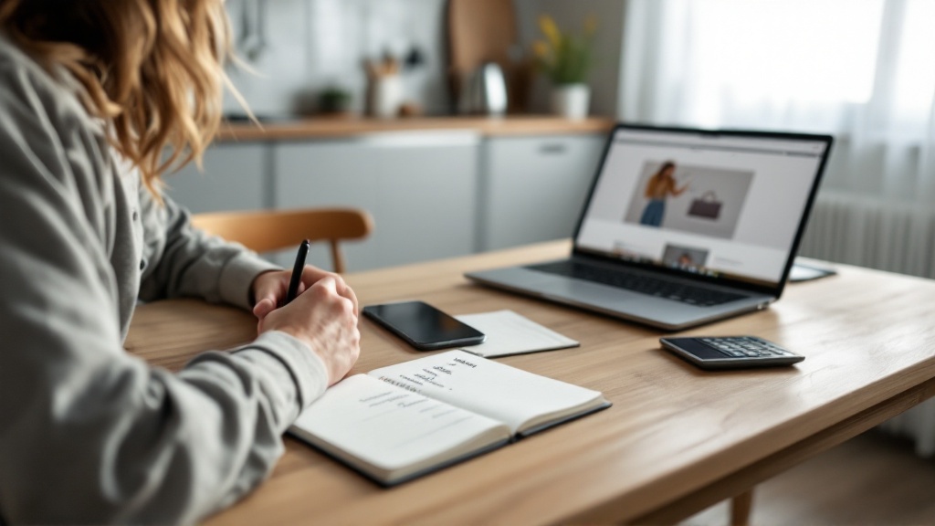 Adult at a kitchen table calmly reviewing a handwritten shopping list with phone and laptop nearby, planning smart purchases before a storewide sale.