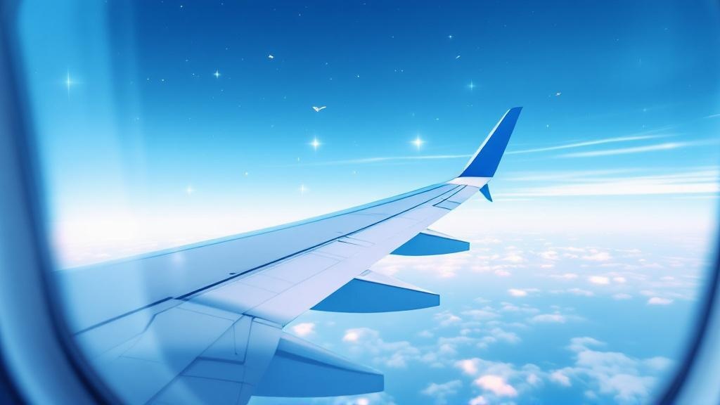 Low-angle view from an airplane window showing the wing leading into a crisp blue sky with subtle hints of satellite activity, symbolizing inflight connectivity.