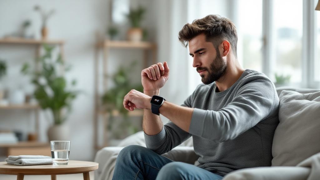 Adult sitting on a modern sofa in a bright living room, thoughtfully looking at a smartwatch on their wrist in soft natural light.