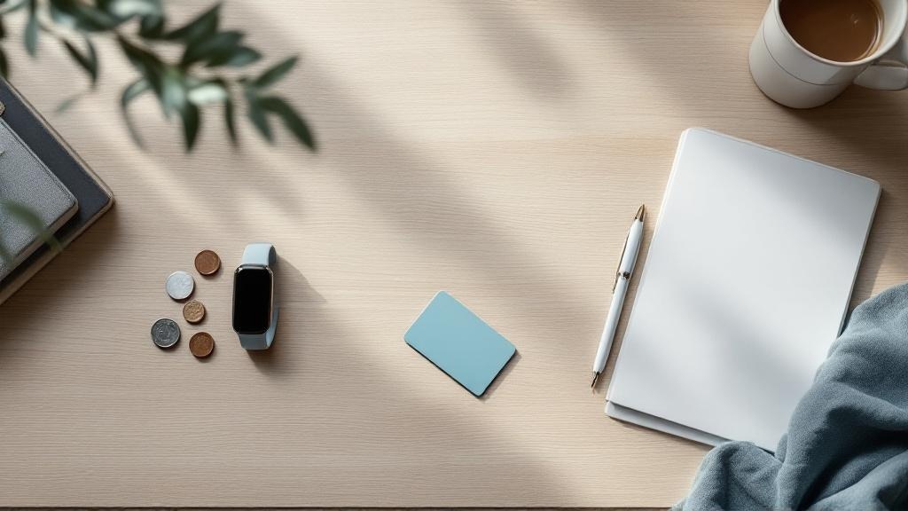 Overhead view of a fitness band, coins, credit card, notebook, and pen arranged on a wooden table in soft daylight.