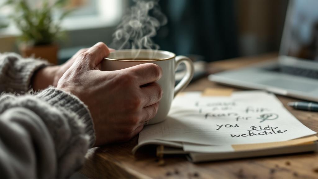 Macro view of a parent’s hand holding a warm mug beside a child’s crayon drawing on a cluttered desk, symbolizing self-care amid busy family life.
