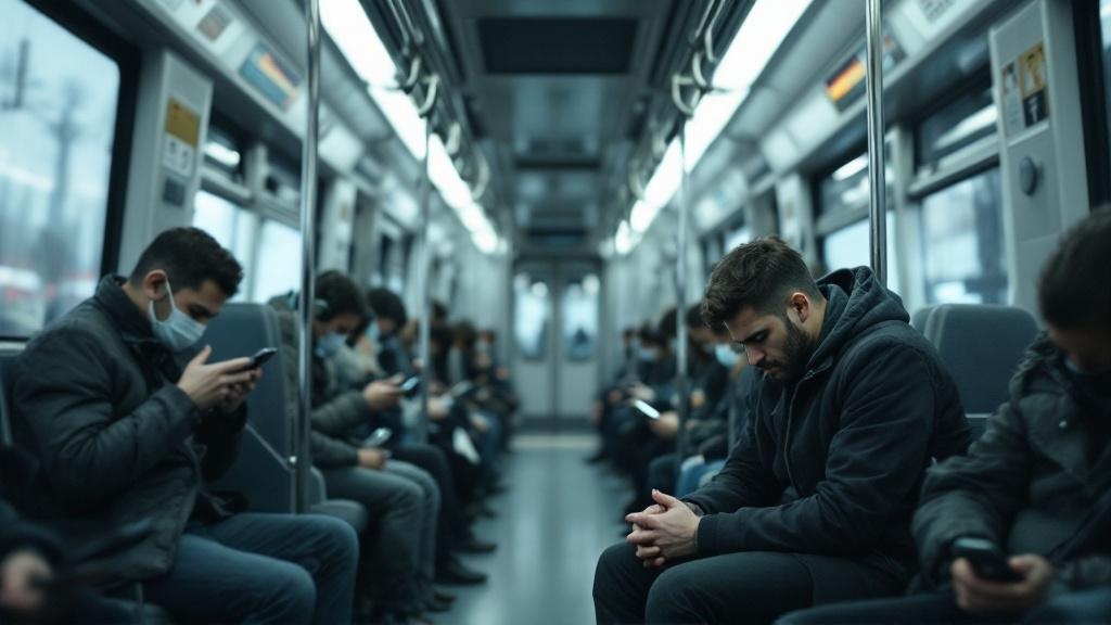 Commuters sit quietly on a subway car, one person in focus with a distant expression while others stare at phones, hinting at shared but hidden struggles.