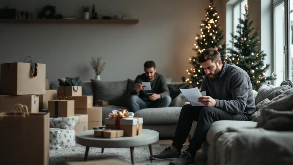Wide view of a living room full of shopping bags and boxes as an adult on the sofa studies a long receipt with a worried expression.