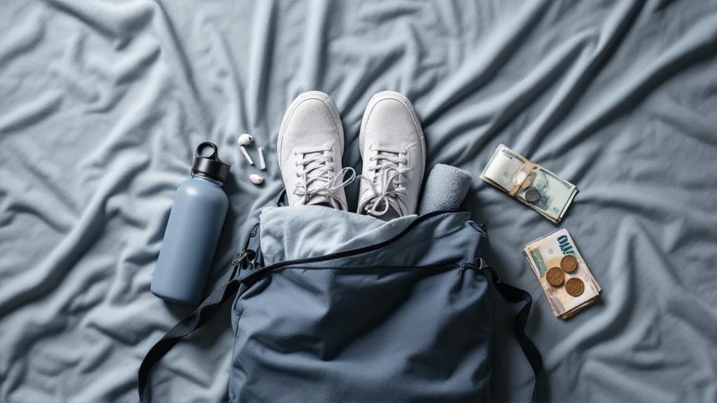 Overhead flat-lay of a gym bag, basic workout shoes, water bottle, earphones, and a small stack of cash arranged on a soft grey surface.