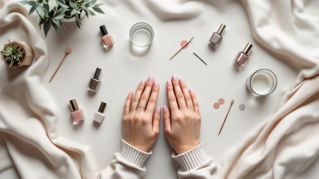 Overhead flat-lay of manicured hands and budget nail tools, including polishes and household items, arranged on a neutral linen surface.
