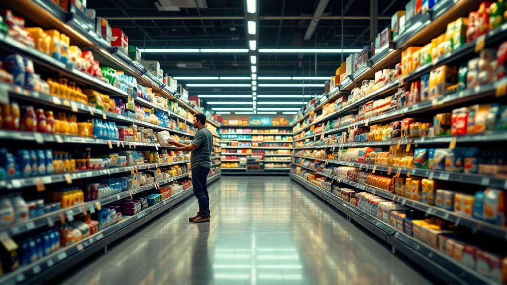 Wide view down a grocery aisle where a shopper reaches for a simple staple on a lower shelf, surrounded by brighter premium products at eye level.