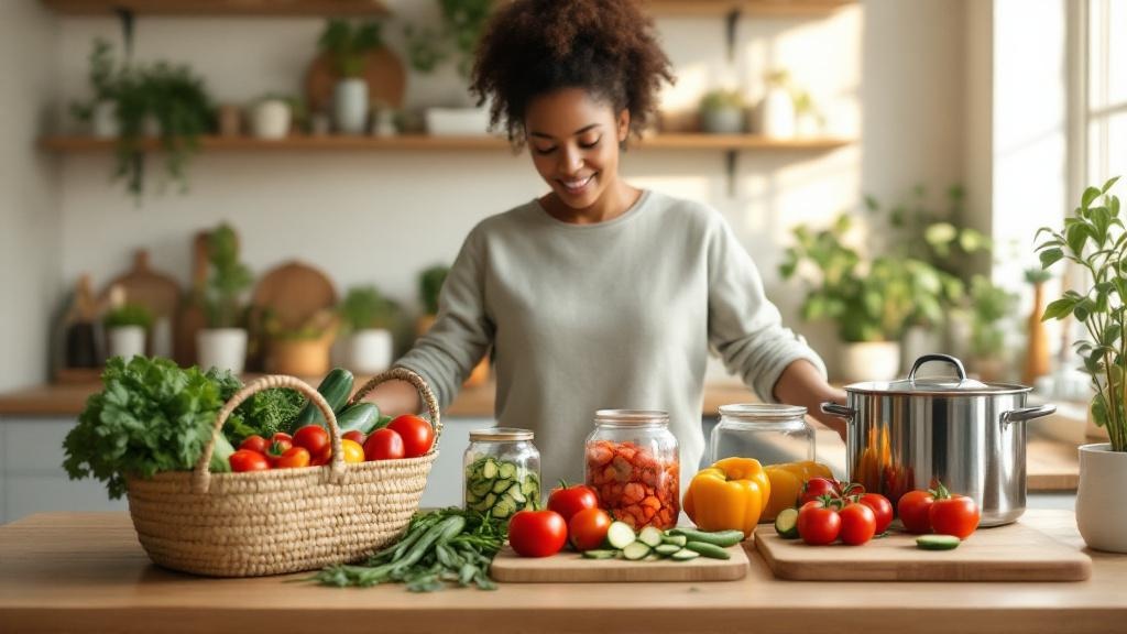 Person in a bright kitchen transferring homegrown vegetables from a basket into glass containers and a pot on a wooden countertop.