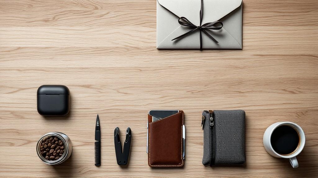Overhead flat-lay of a wooden table with compact men’s gifts like a cardholder, multitool, earbuds case, coffee jar, grooming kit, and a sealed envelope