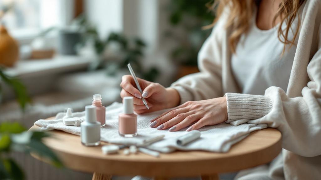 Person painting their own minimalist, trendy nails at a small table with a few polishes and household tools in a softly lit modern apartment.