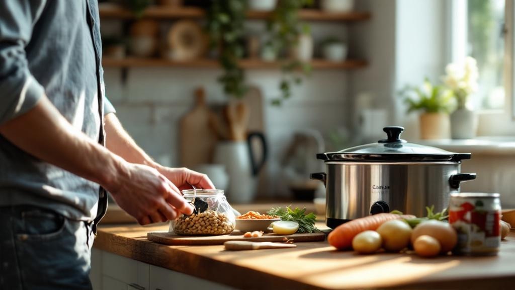 Busy home cook grabbing keys in a softly lit kitchen while a slow cooker simmers beside simple beans, lentils, and vegetables on the counter.