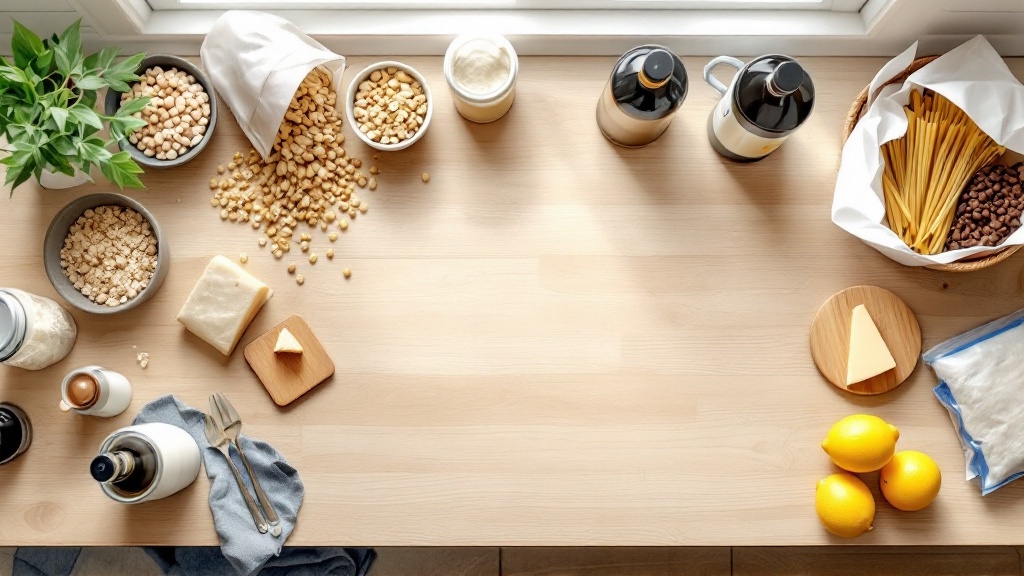 Overhead view of a wooden countertop with budget pantry staples on one side and a few premium items like olive oil, cheese, and coffee on the other.