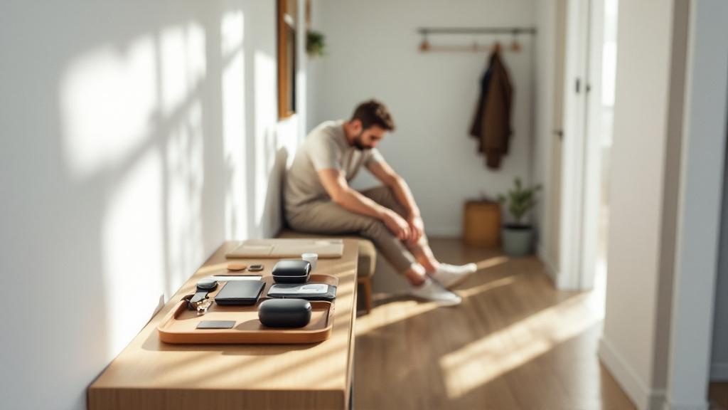 Wide view of a minimalist entryway where a man ties his shoes near a console table lined with a watch, wallet, key organizer, earbuds, and a small grooming kit