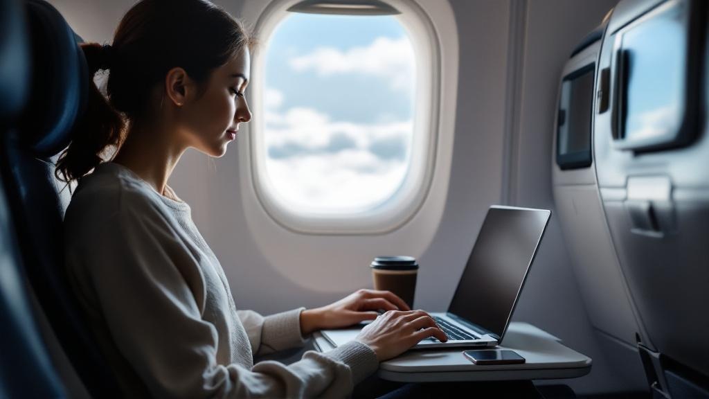 Traveler seated by an airplane window using a laptop and phone on the tray table, cabin softly blurred around them, suggesting calm connected work in flight.