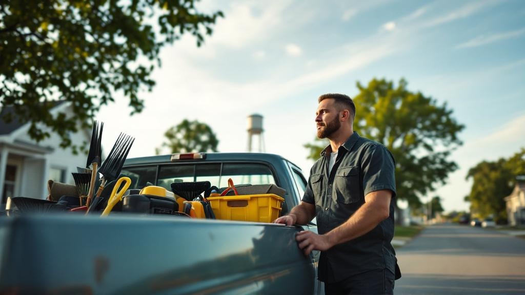 Low-angle portrait of a small-town entrepreneur standing beside a pickup truck loaded with tools on a quiet residential street with homes and a water tower behind.