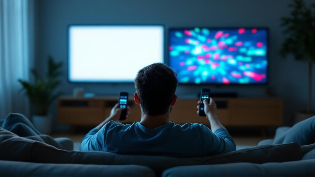 Low-angle view of a person on a sofa aiming two remotes at contrasting bright and dark screens, symbolizing safe versus risky streaming choices.