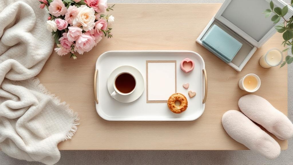 Overhead view of a curated Mother’s Day coffee table with breakfast tray, flowers, jewelry box, cozy throw, spa candle, slippers, and framed family photo.