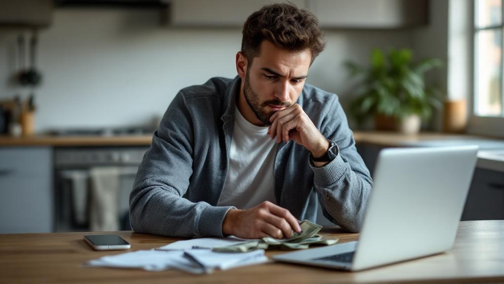 Adult sitting at a kitchen table with laptop, cash, receipts, and a notebook, thoughtfully considering whether to take on mystery shopping work.