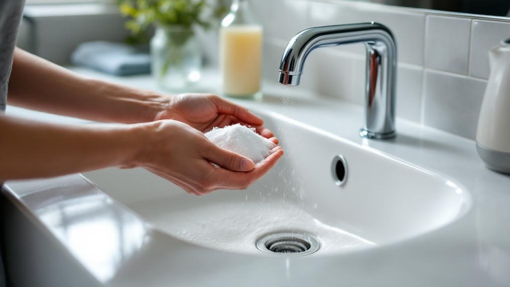 Close-up of hands sprinkling baking soda into a white bathroom sink drain with vinegar bottle and kettle in the background.
