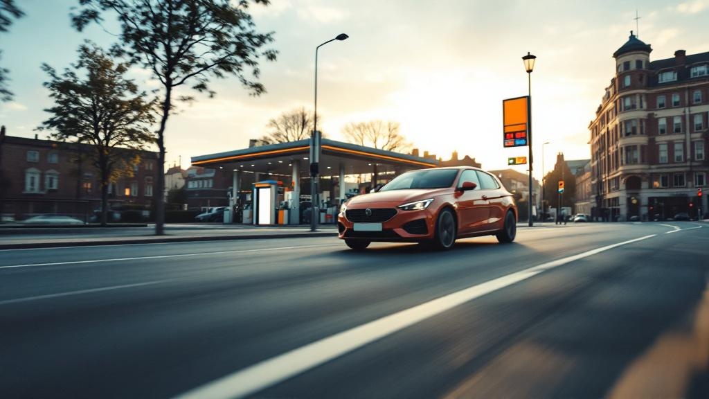 Low-angle view of a compact car driving smoothly along a city road past a distant petrol station under soft late-afternoon light.