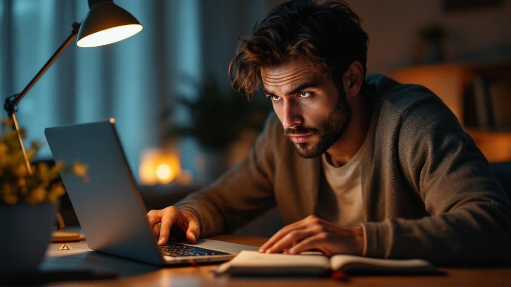 Close-up of a person at a home desk reviewing opportunities on a laptop, comparing them with handwritten notes and looking thoughtfully cautious.