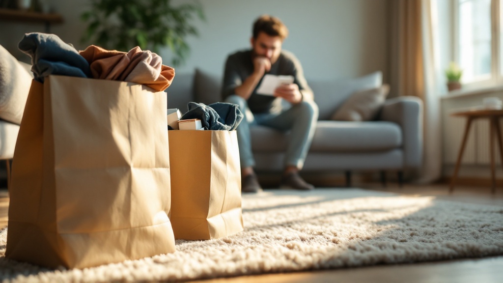 Shopping bags on a living room floor with unused items visible while an adult on the sofa reviews receipts after a big storewide sale.