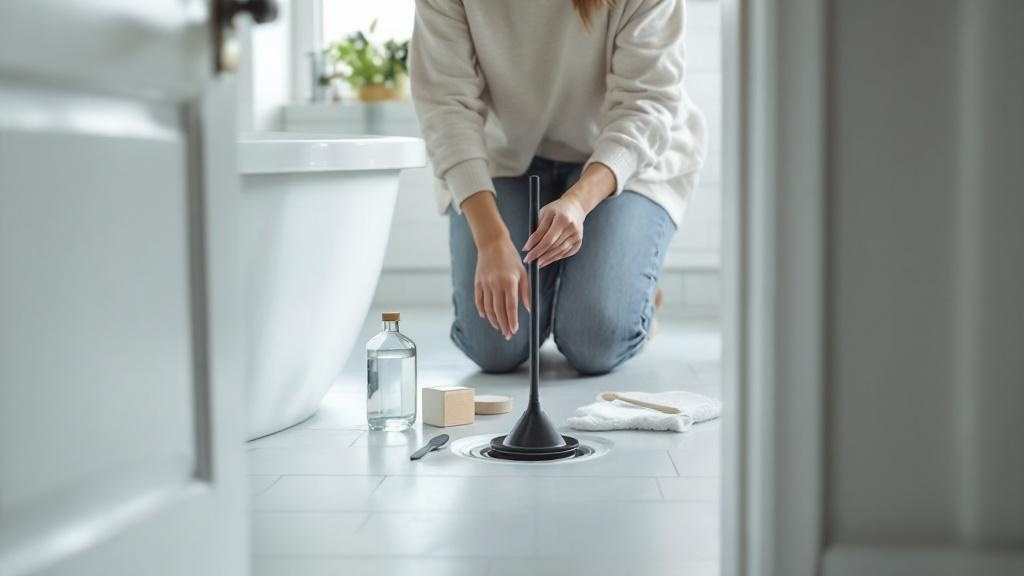 Wide view of a person kneeling by a bathtub with a plunger and natural cleaning ingredients nearby in a bright bathroom.